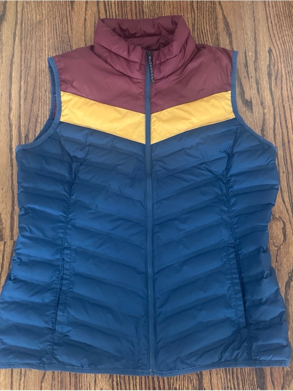 Alpine Design Blue Quilted Vest with Maroon and Yellow Chevron